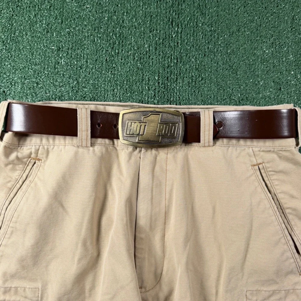 Sherm-United Belt Mens 32 Brown Good Vintage Hot Rod Magazine Buckle 9753